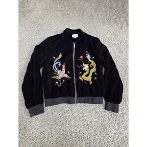 Fyve Jacket Womens S Black Souvenir Velvet Embroidered Dragon Phoenix Bomber